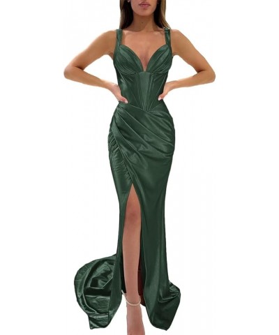 Women's Spaghetti Straps Satin Prom Dresses Long Ruched Formal Evening Party Gowns with Slit Hunter Green $22.40 Dresses