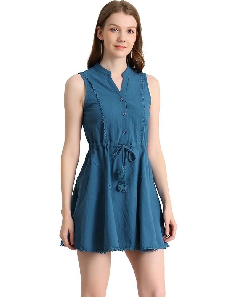 Women's Sleeveless Dress Cotton Lace Trim Drawstring Waist Swing A-line Dresses Lake Blue $15.19 Dresses