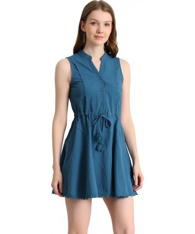 Women's Sleeveless Dress Cotton Lace Trim Drawstring Waist Swing A-line Dresses Lake Blue $15.19 Dresses