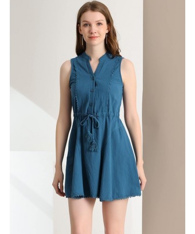 Women's Sleeveless Dress Cotton Lace Trim Drawstring Waist Swing A-line Dresses Lake Blue $15.19 Dresses