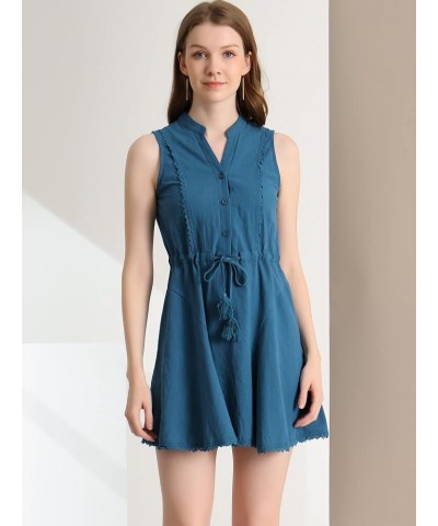 Women's Sleeveless Dress Cotton Lace Trim Drawstring Waist Swing A-line Dresses Lake Blue $15.19 Dresses