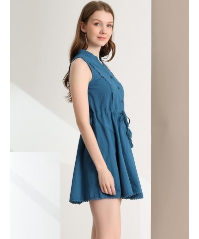 Women's Sleeveless Dress Cotton Lace Trim Drawstring Waist Swing A-line Dresses Lake Blue $15.19 Dresses