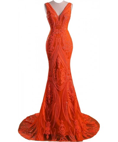 Women's Double V-Neck Sequins Lace-up Mermaid Evening Dress Orange $48.30 Dresses