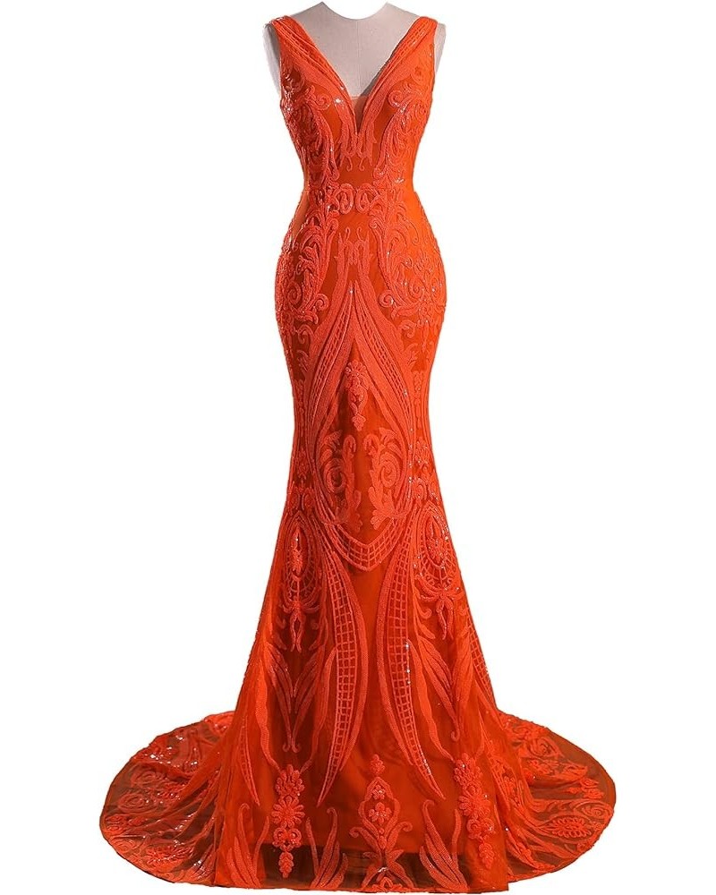 Women's Double V-Neck Sequins Lace-up Mermaid Evening Dress Orange $48.30 Dresses