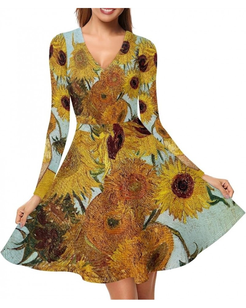 JooMeryer Women's 3D Van Gogh Painting Printed Dress V-Neck Long Sleeve Casual Dresses Van Gogh Sunflowert $13.95 Dresses