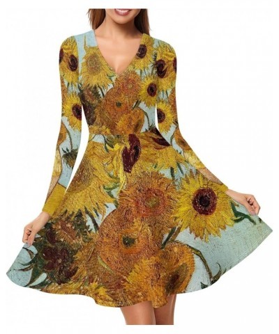 JooMeryer Women's 3D Van Gogh Painting Printed Dress V-Neck Long Sleeve Casual Dresses Van Gogh Sunflowert $13.95 Dresses