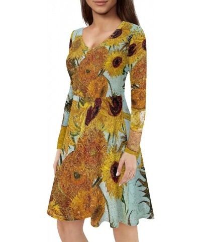 JooMeryer Women's 3D Van Gogh Painting Printed Dress V-Neck Long Sleeve Casual Dresses Van Gogh Sunflowert $13.95 Dresses