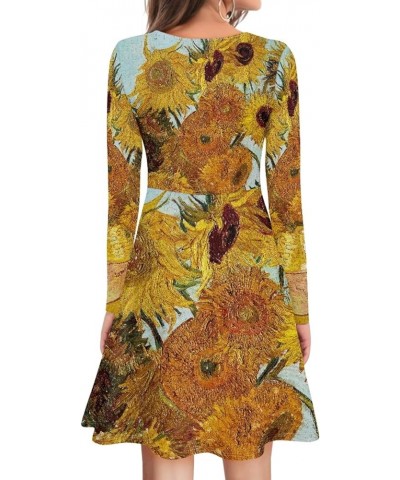 JooMeryer Women's 3D Van Gogh Painting Printed Dress V-Neck Long Sleeve Casual Dresses Van Gogh Sunflowert $13.95 Dresses