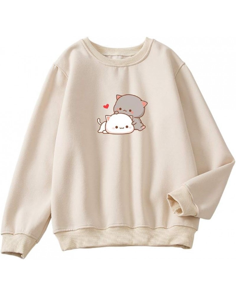 Women Cartoon Cute Cat Printed Round Neck Cotton Casuall Sweatshirt Hoodies Apricot $12.92 Hoodies & Sweatshirts