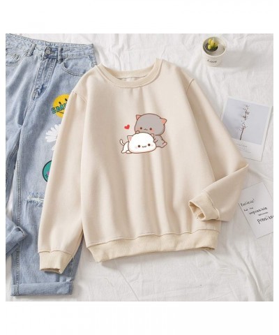 Women Cartoon Cute Cat Printed Round Neck Cotton Casuall Sweatshirt Hoodies Apricot $12.92 Hoodies & Sweatshirts