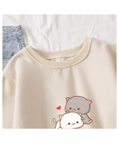 Women Cartoon Cute Cat Printed Round Neck Cotton Casuall Sweatshirt Hoodies Apricot $12.92 Hoodies & Sweatshirts