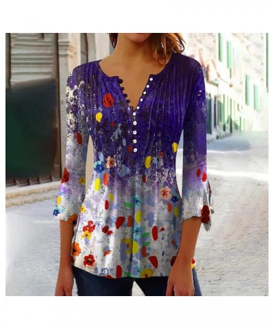 Womens Tops, Women's 3/4 Sleeve Tops Hawaii Button Down V Neck T-Shirt Flower Printed Pleated Blouses Sexy Summer Tops 2024 F...