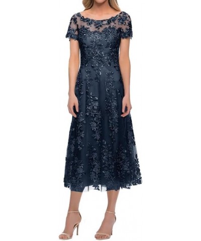 Lace Appliques Mother of The Bride Dresses Illusion Tulle Short Sleeve Formal Evening Gown Scoop Mother of The Groom Dresses ...