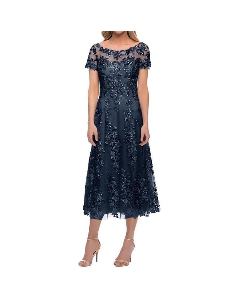 Lace Appliques Mother of The Bride Dresses Illusion Tulle Short Sleeve Formal Evening Gown Scoop Mother of The Groom Dresses ...