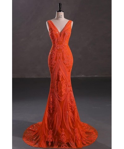 Women's Double V-Neck Sequins Lace-up Mermaid Evening Dress Orange $48.30 Dresses