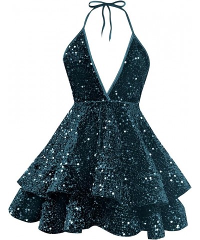 Halter Sequin Short Homecoming Dresses Deep V Neck Open Back Tiered Sparkly Mini Cocktail Party Dress Teal $23.10 Dresses