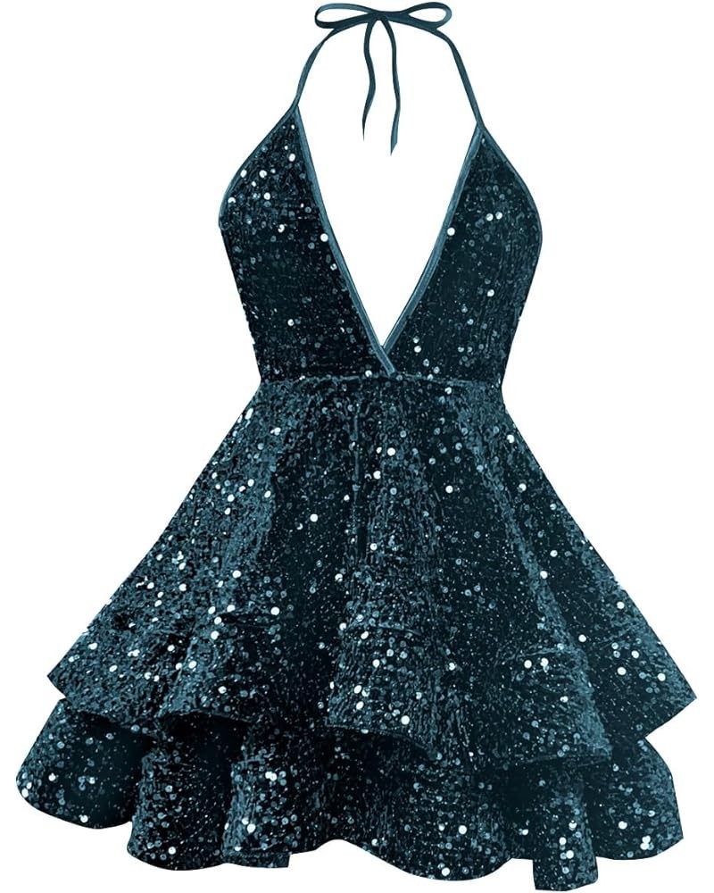 Halter Sequin Short Homecoming Dresses Deep V Neck Open Back Tiered Sparkly Mini Cocktail Party Dress Teal $23.10 Dresses