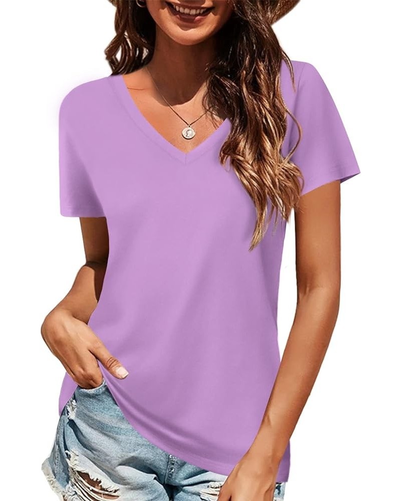 Women Shirts V Neck Short/Long Sleeve Cotton Tops T-Shirt Basic Tees B:light Purple $13.99 T-Shirts