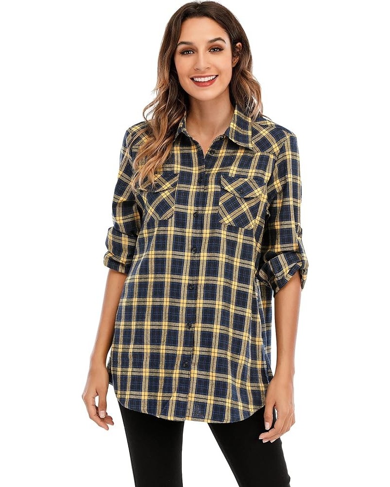 Womens Flannels Long/Roll Up Sleeve Button Down Plaid Shirts Yellow $16.42 Blouses