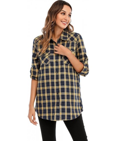 Womens Flannels Long/Roll Up Sleeve Button Down Plaid Shirts Yellow $16.42 Blouses