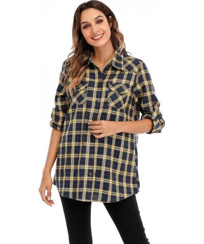 Womens Flannels Long/Roll Up Sleeve Button Down Plaid Shirts Yellow $16.42 Blouses