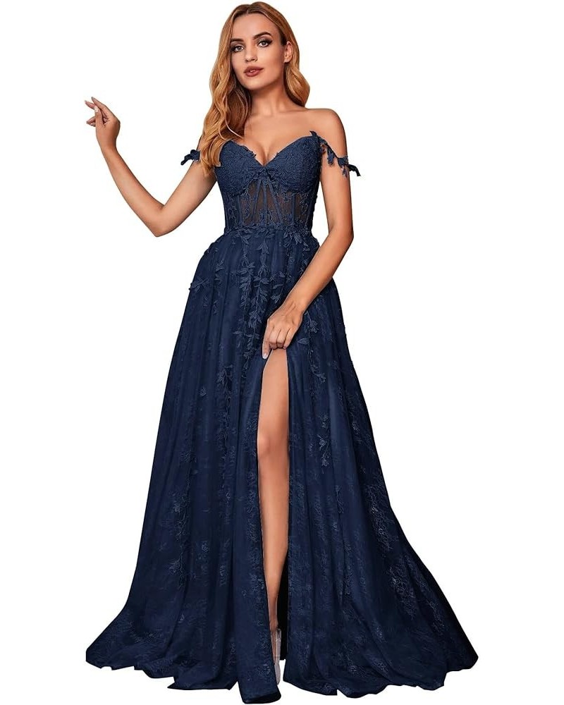 Womens Split Lace Off The Shoulder Prom Dresses with Appliques Long Tulle Formal Dress Navy Blue $62.88 Dresses