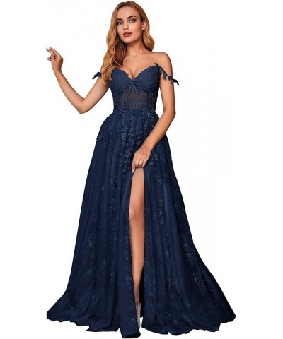 Womens Split Lace Off The Shoulder Prom Dresses with Appliques Long Tulle Formal Dress Navy Blue $62.88 Dresses