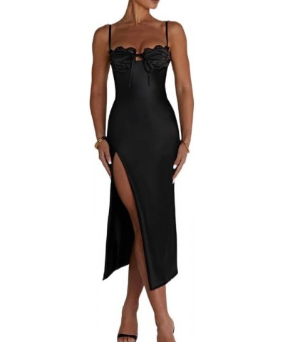 Women Lace Patchwork Maxi Dress Y2K See Through Backless Long Dress Spaghetti Strap Bodycon Party Dress Streetwear Yb-black H...