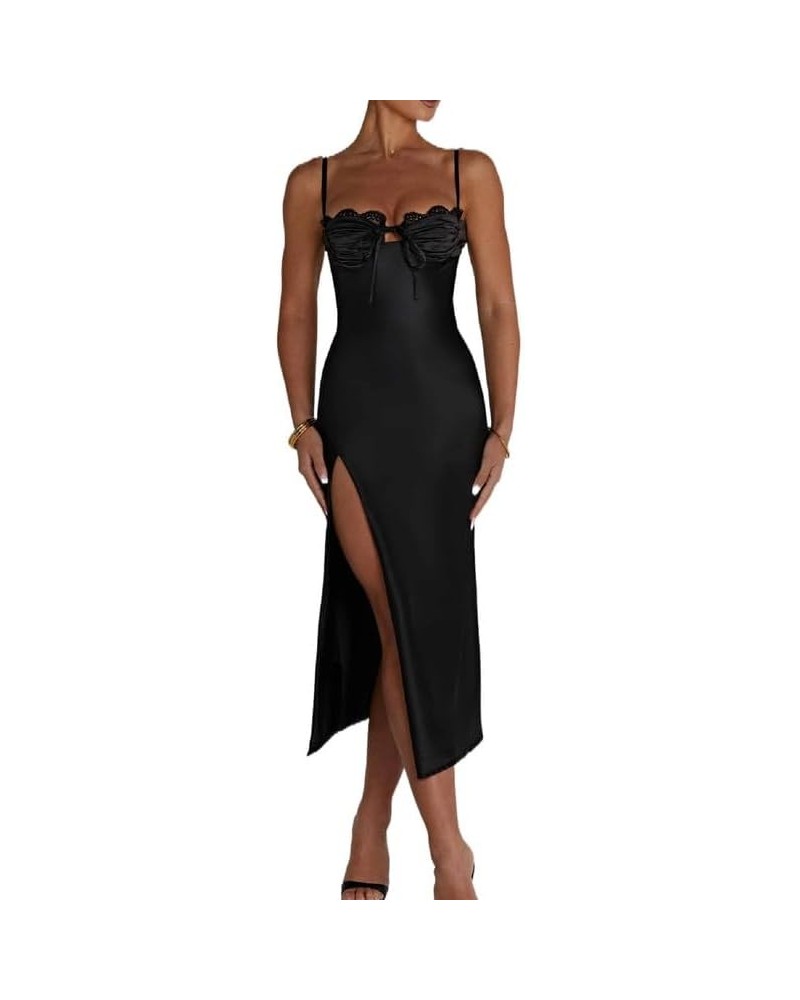 Women Lace Patchwork Maxi Dress Y2K See Through Backless Long Dress Spaghetti Strap Bodycon Party Dress Streetwear Yb-black H...