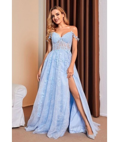 Womens Split Lace Off The Shoulder Prom Dresses with Appliques Long Tulle Formal Dress Navy Blue $62.88 Dresses