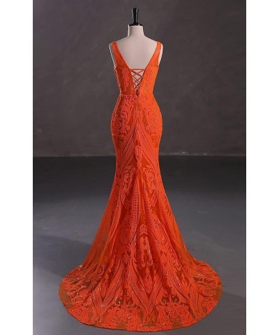 Women's Double V-Neck Sequins Lace-up Mermaid Evening Dress Orange $48.30 Dresses