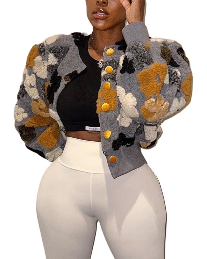 Womens Cropped Floral Print Jacket Warm Fleece Bomber Jacket Casual Button Down Coats Fall Puff Outerwears Grey $21.60 Jackets