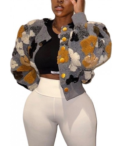 Womens Cropped Floral Print Jacket Warm Fleece Bomber Jacket Casual Button Down Coats Fall Puff Outerwears Grey $21.60 Jackets