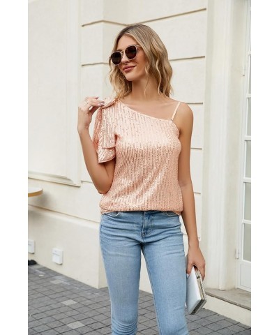 Sparkly Sequin Tops for Women One Shoulder Slimming Sexy Asymmetrical Glitter Tops Sparkle Party Shirts Champagne $13.99 Tanks