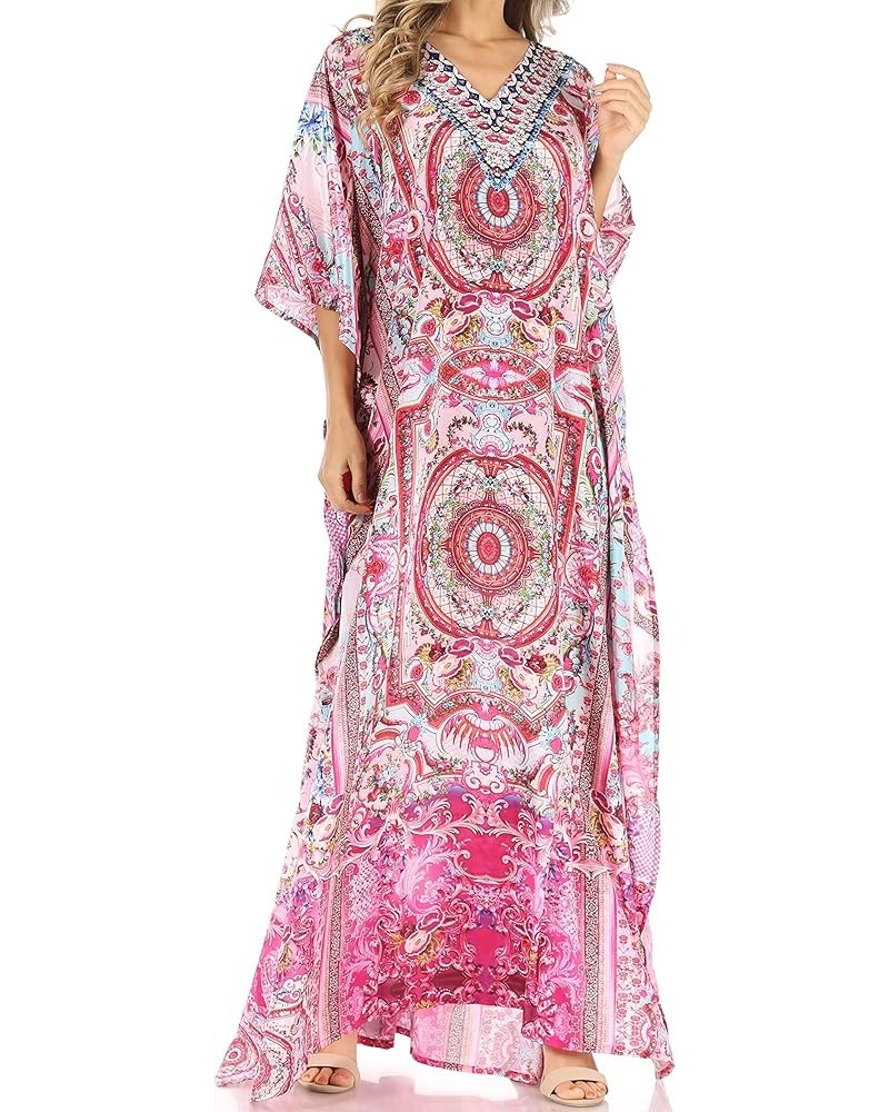 Anahi Flowy Design V Neck Long Caftan Dress/Cover Up with Rhinestone Orpi272-pink $29.40 Swimsuits