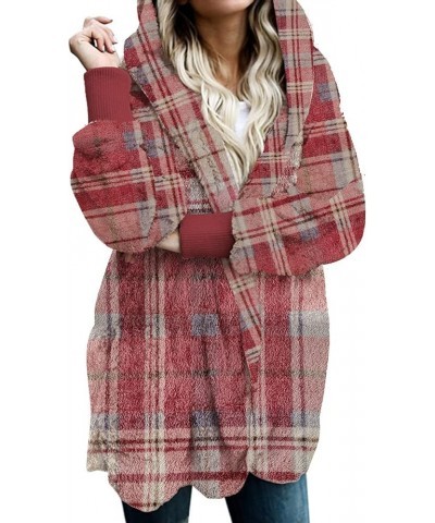 Women Hooded Cardigan Fuzzy Jacket Winter Open Front Fleece Coat Outwear with Pockets Wineplaid $17.00 Jackets