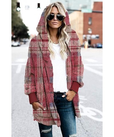 Women Hooded Cardigan Fuzzy Jacket Winter Open Front Fleece Coat Outwear with Pockets Wineplaid $17.00 Jackets