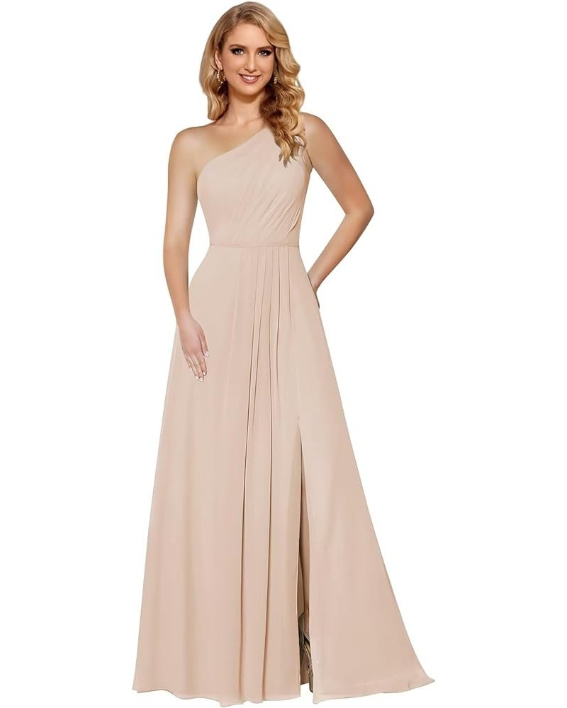 Women's One Shoulder Bridesmaid Dresses Long with Slit Ruched Chiffon Formal Party Dress with Pockets CM084 Peach $31.36 Dresses