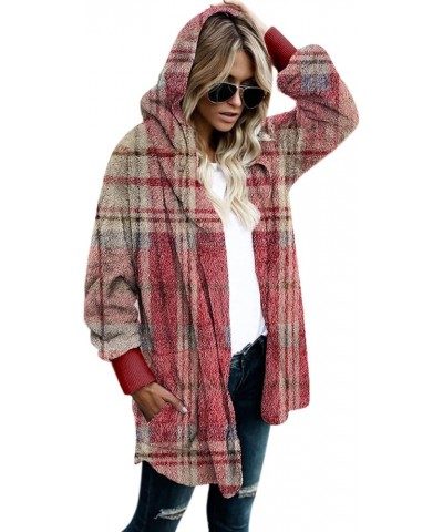 Women Hooded Cardigan Fuzzy Jacket Winter Open Front Fleece Coat Outwear with Pockets Wineplaid $17.00 Jackets