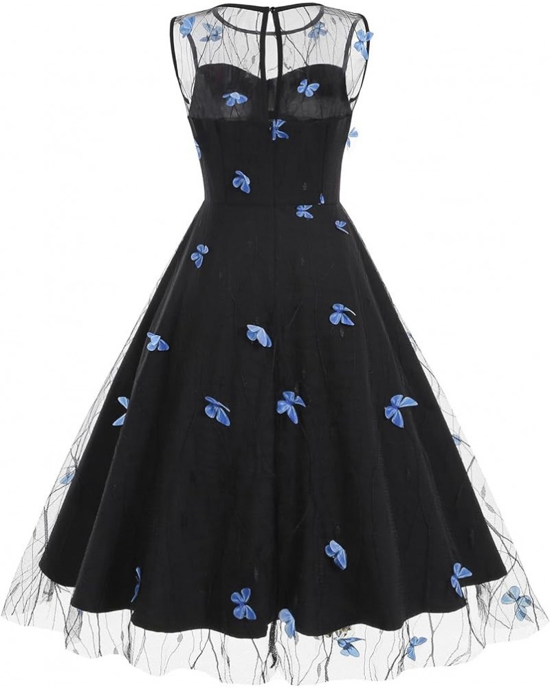 Valentine's Dress for Women Short Sleeve/Sleeveless Heart Embroidery Mesh A-line Swing Party Dress Black-blue Butterfly B $10...