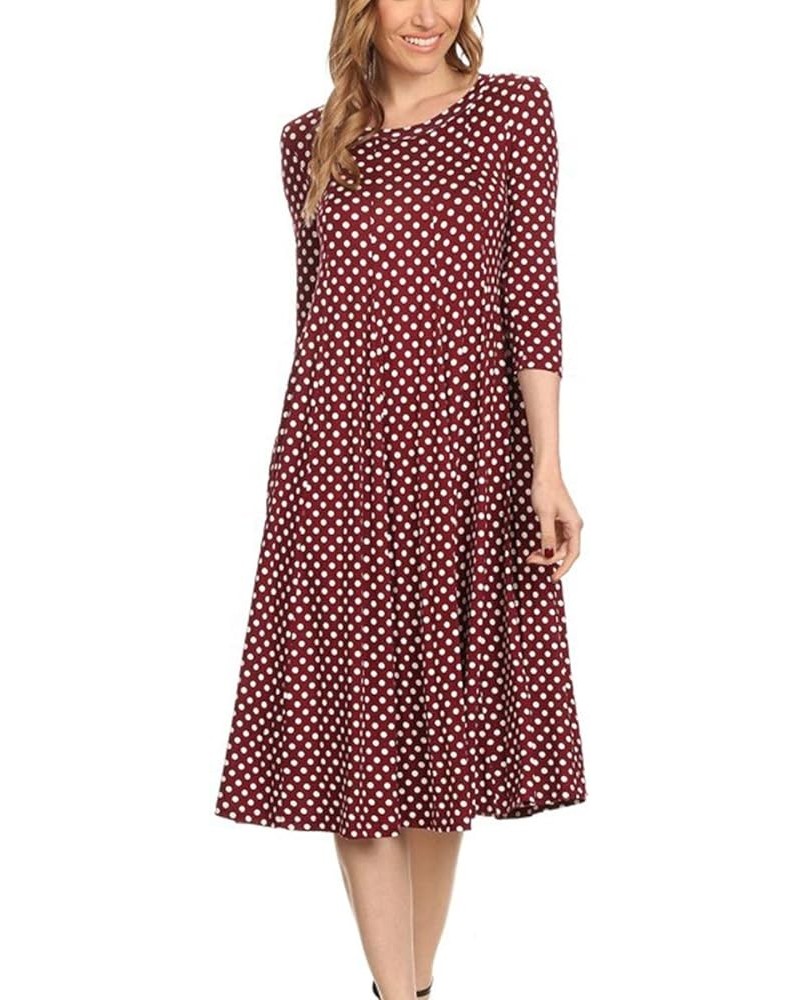 Women's Loose Fit 3/4 Sleeve Round Neck Jersey Knit A-Line Solid Midi Dress Hdr00682 Small Polka Burgundy $16.17 Dresses