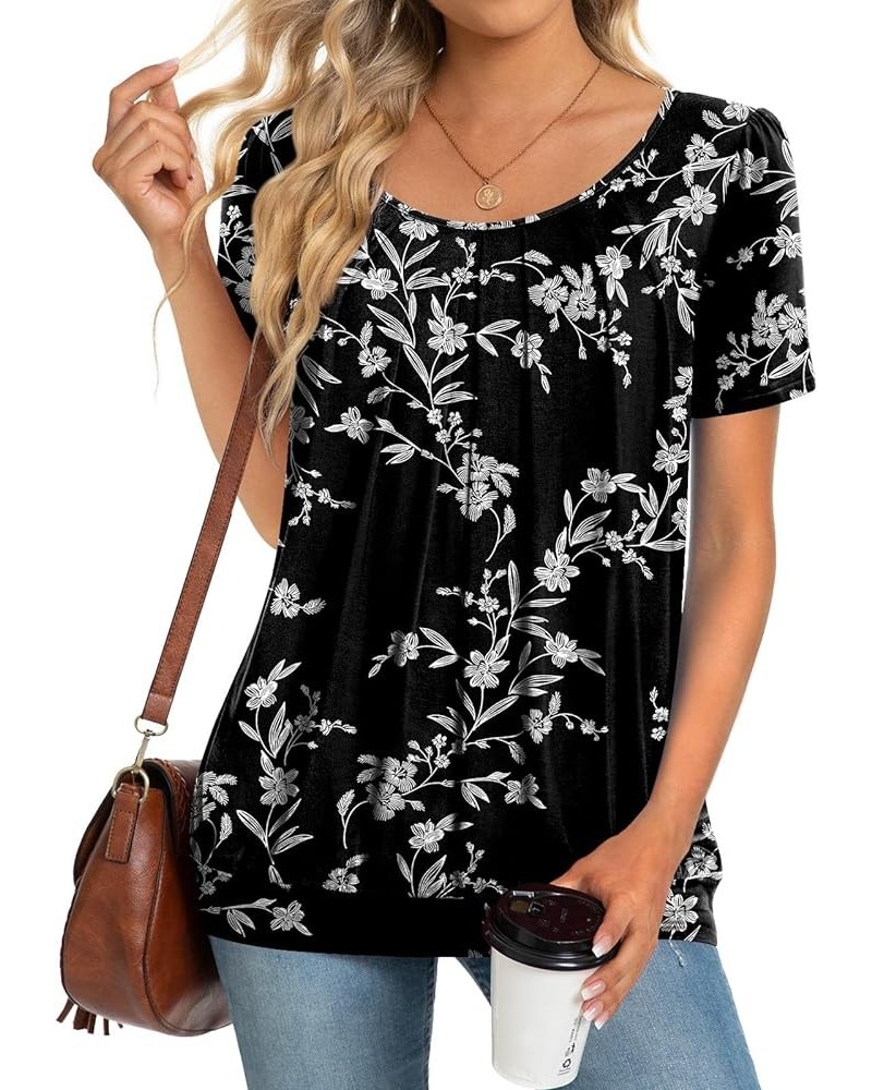 2024 Women's Summer Tunic Tops Short Sleeve Casual Tshirt for Leggings Pleated Loose Blouses Black Carving $10.59 Tops