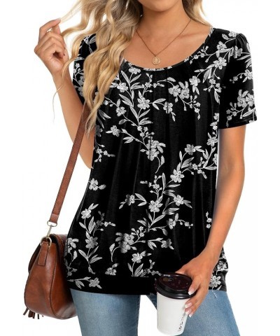 2024 Women's Summer Tunic Tops Short Sleeve Casual Tshirt for Leggings Pleated Loose Blouses Black Carving $10.59 Tops