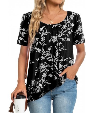 2024 Women's Summer Tunic Tops Short Sleeve Casual Tshirt for Leggings Pleated Loose Blouses Black Carving $10.59 Tops