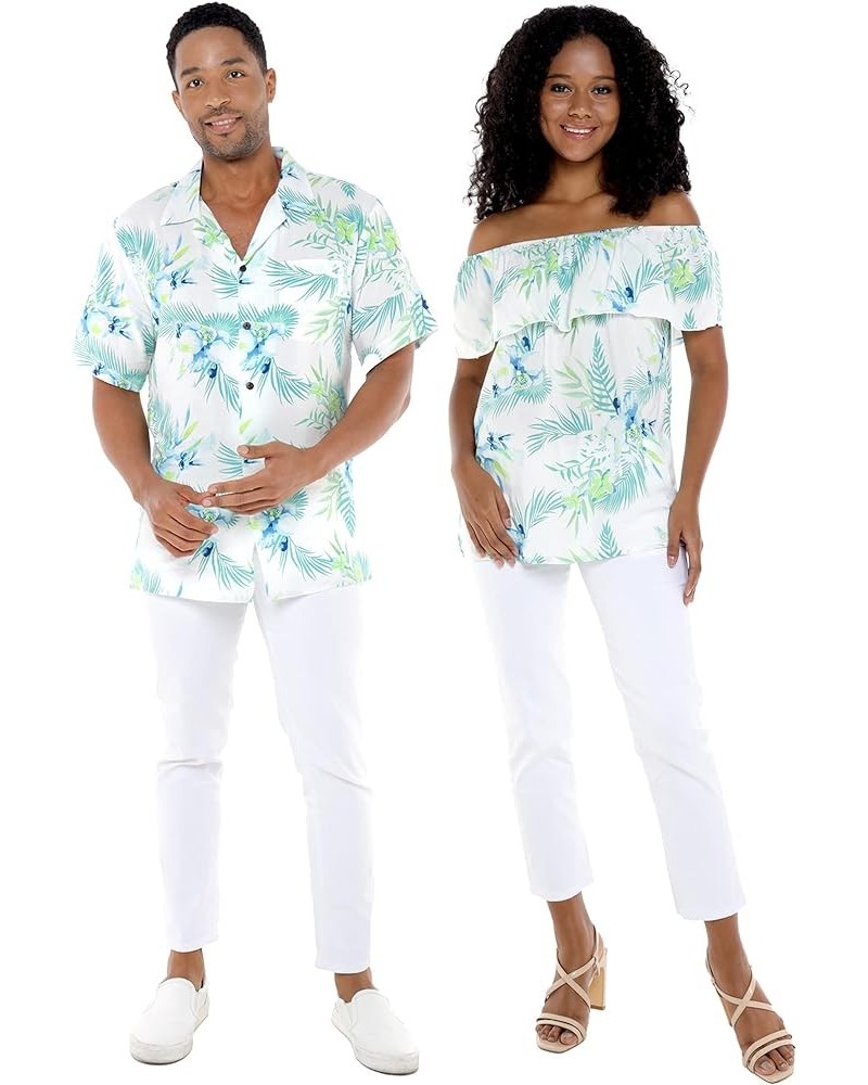 Matchable Couple Hawaiian Luau Shirt or Off-Shoulder Ruffle Muumuu Top in Orchid Breeze White Women Women Orchid Breeze White...