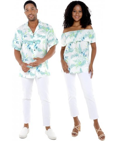 Matchable Couple Hawaiian Luau Shirt or Off-Shoulder Ruffle Muumuu Top in Orchid Breeze White Women Women Orchid Breeze White...