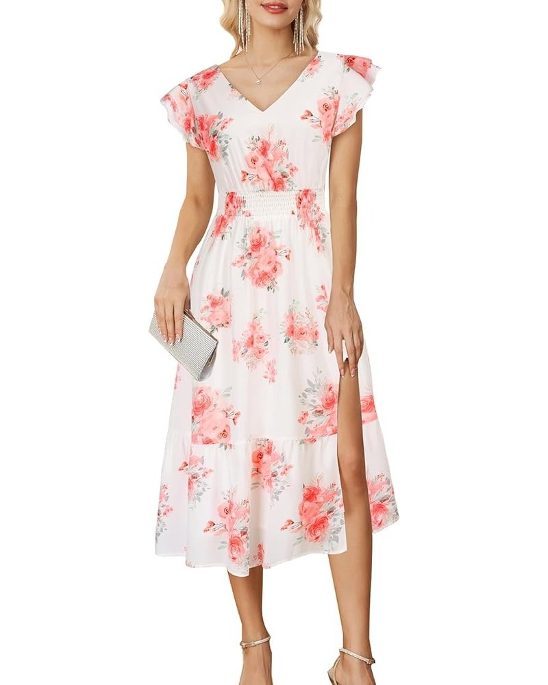 Women's V Neck Ruffle Sleeve Summer Dress 2024 Split Flowy Tiered Midi Dress Wedding Guest Cocktail Dresses White-red Floral ...