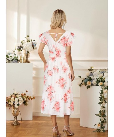 Women's V Neck Ruffle Sleeve Summer Dress 2024 Split Flowy Tiered Midi Dress Wedding Guest Cocktail Dresses White-red Floral ...