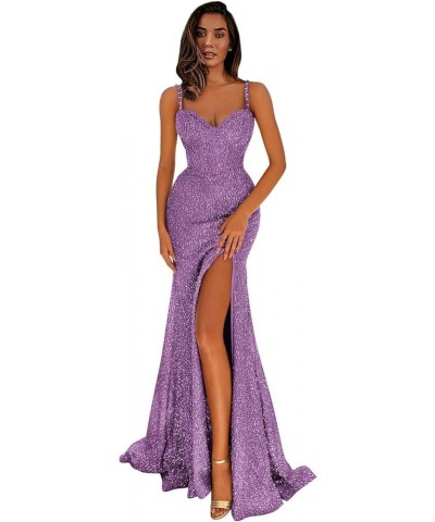 Sparkly Mermaid Prom Dresses Long Ball Gown Spaghetti Straps Sequin Formal Dresses for Women with Slit Mauve $37.40 Dresses