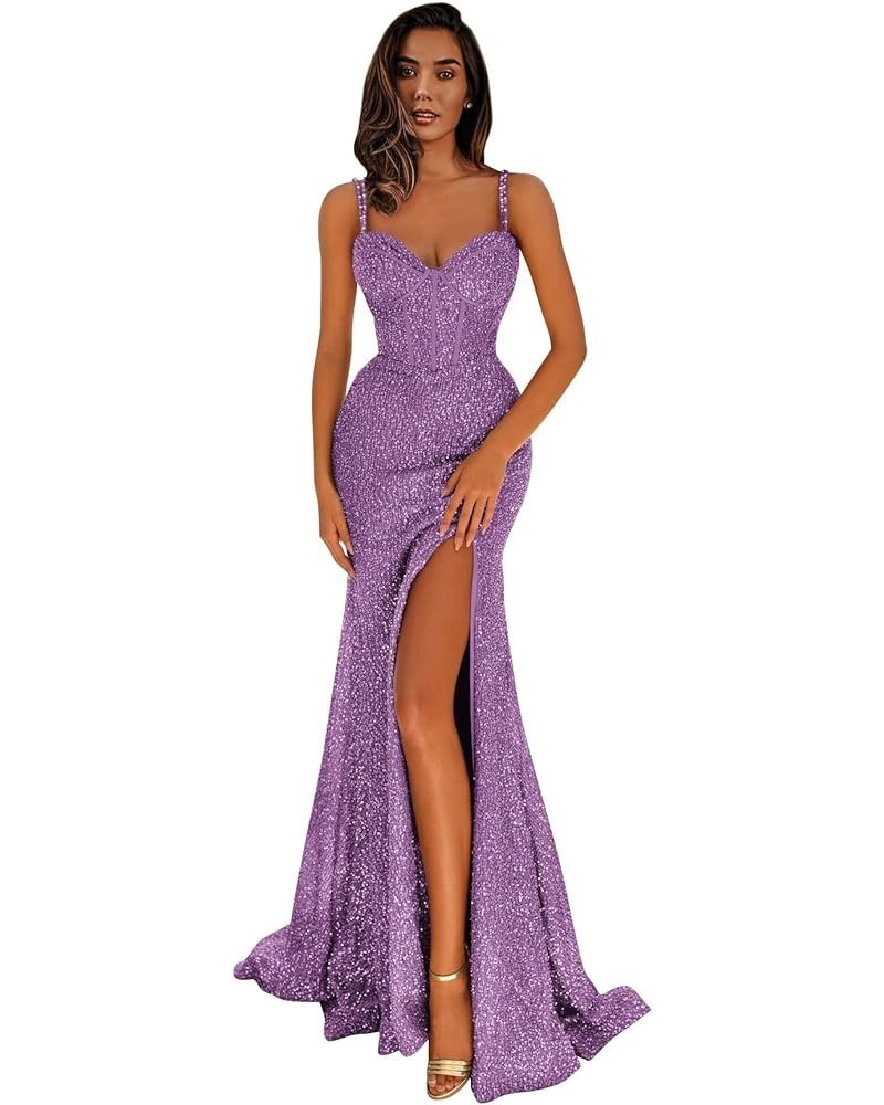 Sparkly Mermaid Prom Dresses Long Ball Gown Spaghetti Straps Sequin Formal Dresses for Women with Slit Mauve $37.40 Dresses